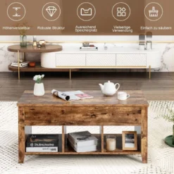 Moderner Multifunktionaler Couchtisch mit Aufklappbarer Platte für Wohnzimmer Braun