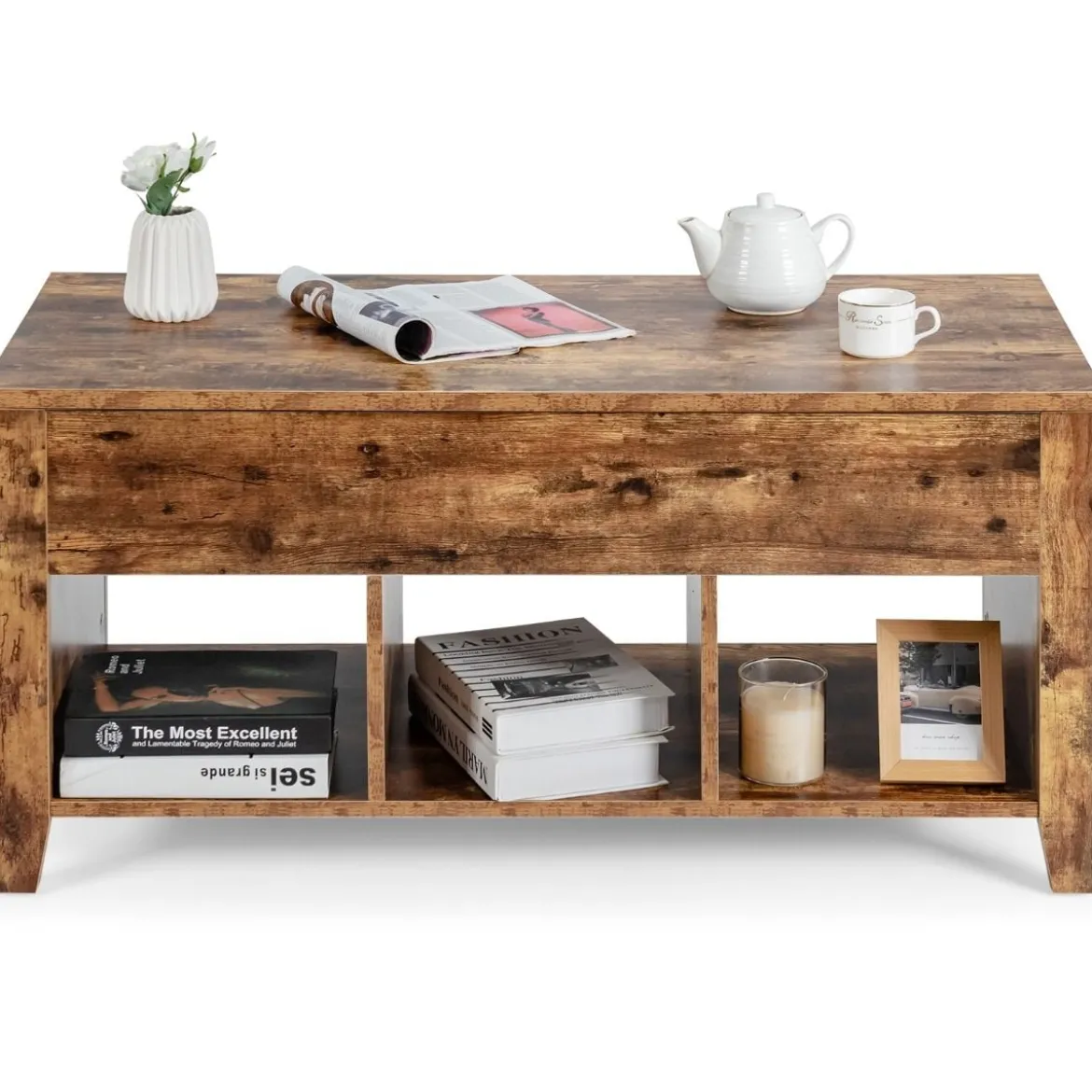 Moderner Multifunktionaler Couchtisch mit Aufklappbarer Platte für Wohnzimmer Braun