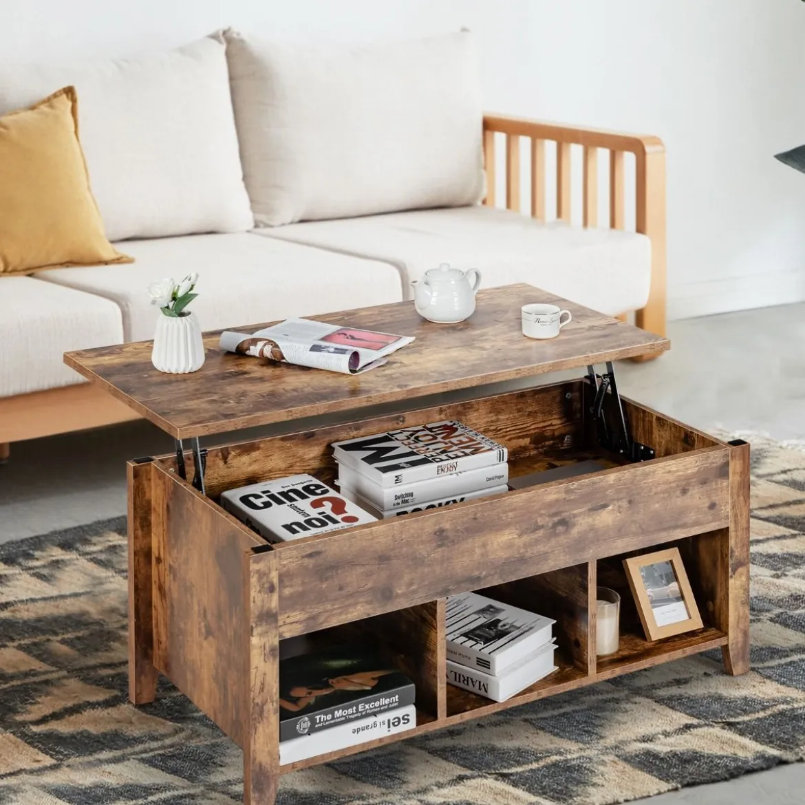 Moderner Multifunktionaler Couchtisch mit Aufklappbarer Platte für Wohnzimmer Braun
