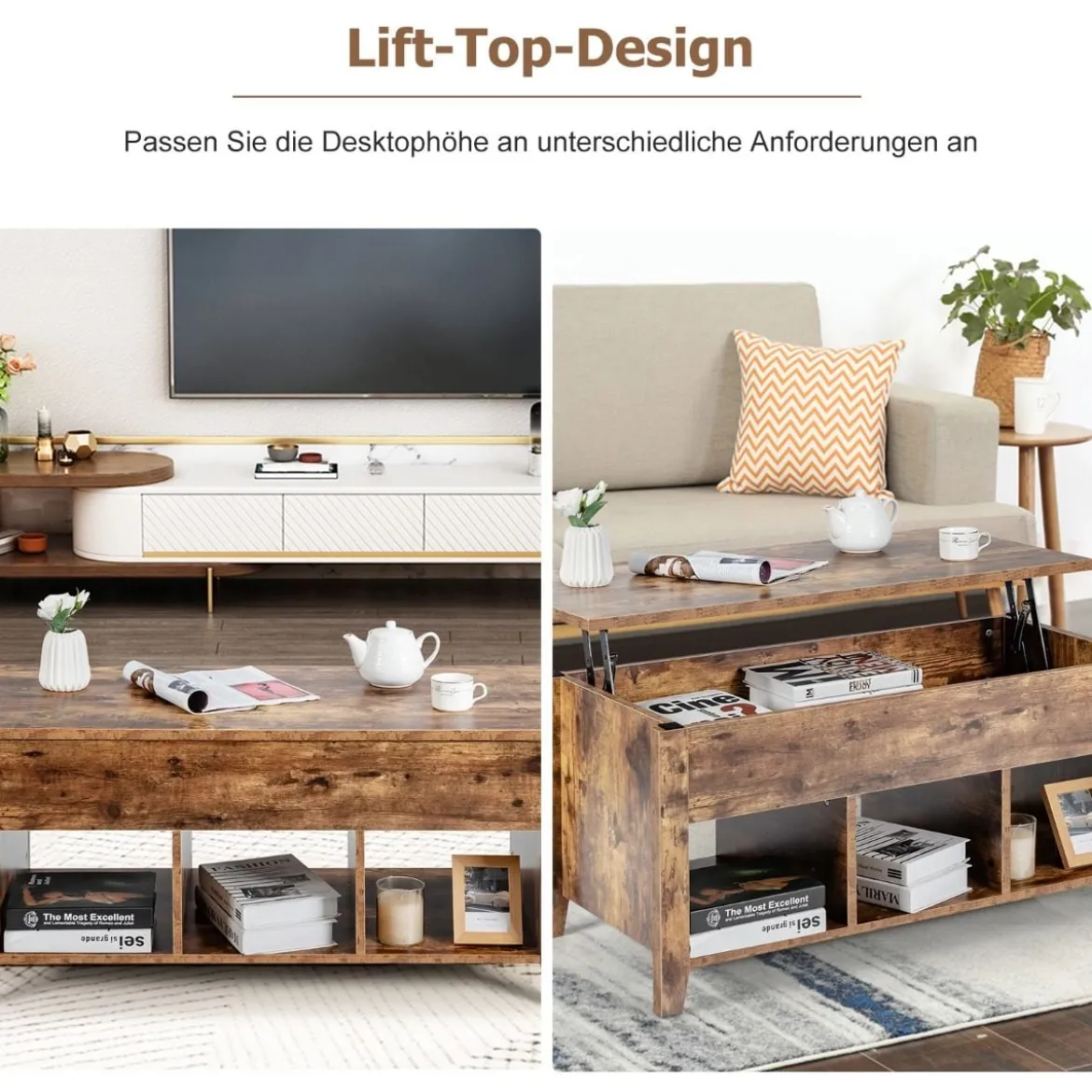 Moderner Multifunktionaler Couchtisch mit Aufklappbarer Platte für Wohnzimmer Braun