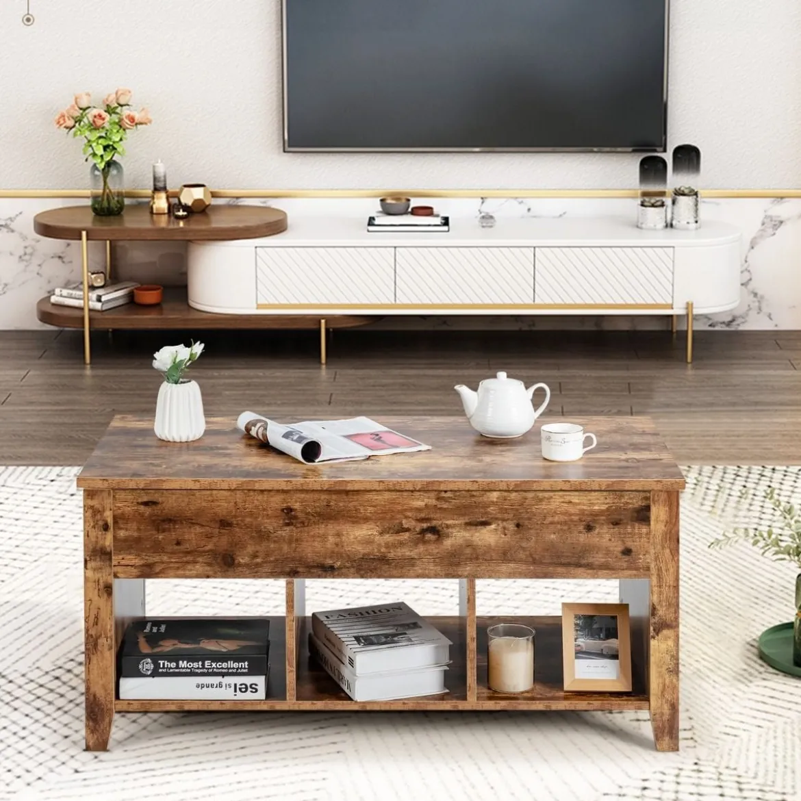 Moderner Multifunktionaler Couchtisch mit Aufklappbarer Platte für Wohnzimmer Braun