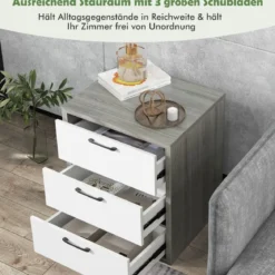 Moderner Nachttisch aus Holz mit 3 Ausziehbaren Schubladen 55 x 47 x 65,5 cm Grau + Weiß