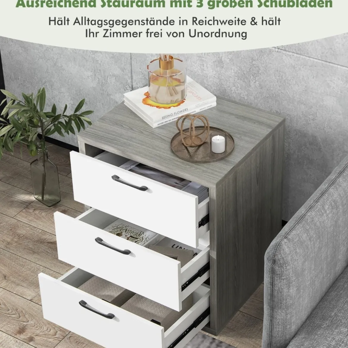 Moderner Nachttisch aus Holz mit 3 Ausziehbaren Schubladen 55 x 47 x 65,5 cm Grau + Weiß