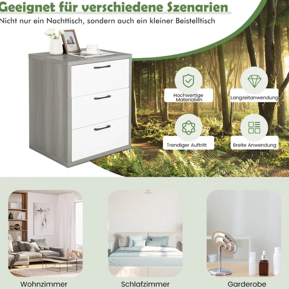 Moderner Nachttisch aus Holz mit 3 Ausziehbaren Schubladen 55 x 47 x 65,5 cm Grau + Weiß