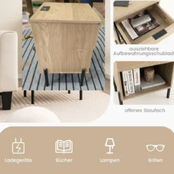 Moderner Nachttisch mit Ladestation & Schublade & Offenem Fach Beistelltisch Ablagetisch