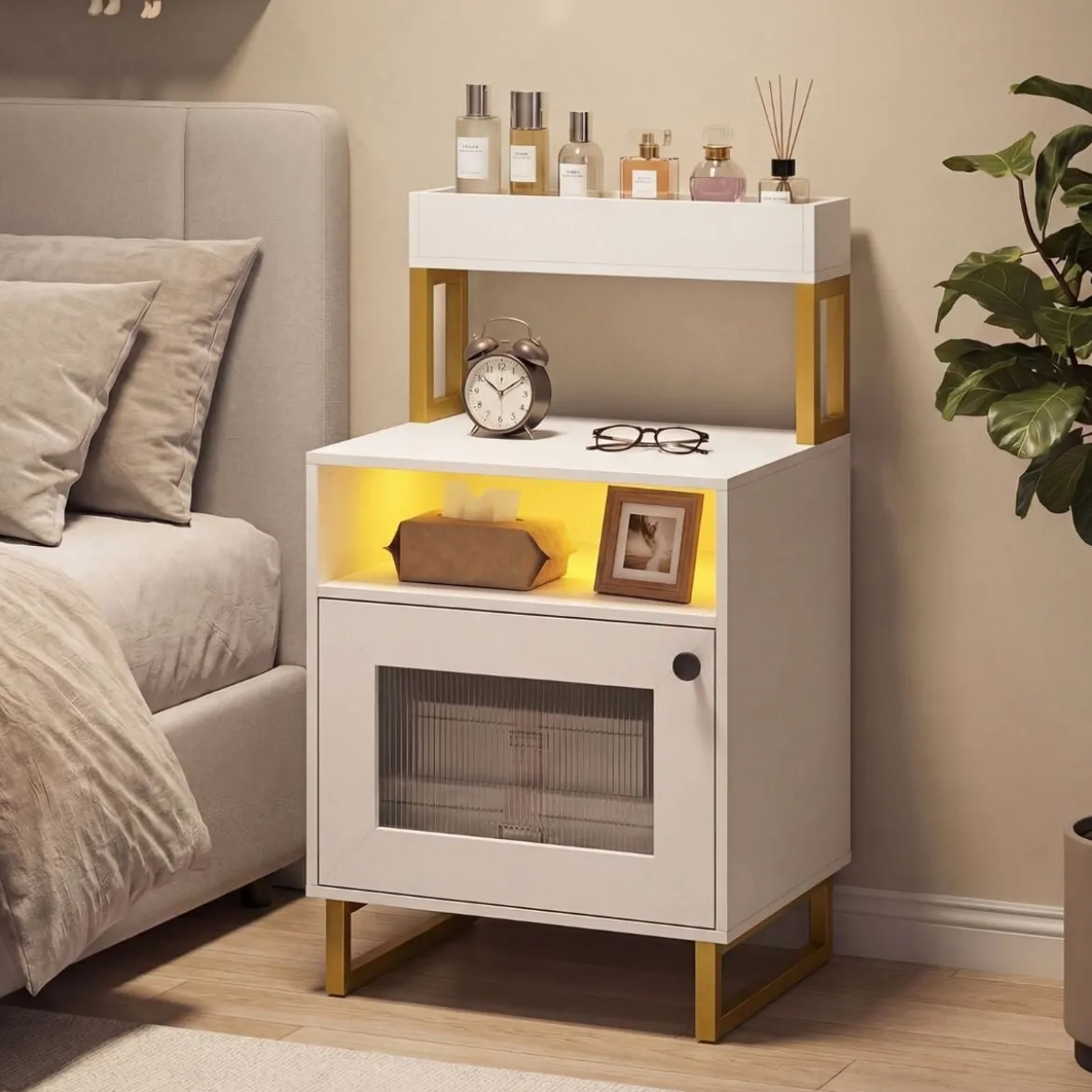 Moderner Nachttisch mit LED-Lichtern & Oberem Tablett Beistelltisch Sofatisch Nachtschrank Weiß