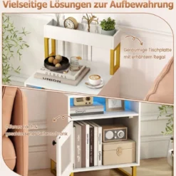 Moderner Nachttisch mit LED-Lichtern & Oberem Tablett Beistelltisch Sofatisch Nachtschrank Weiß