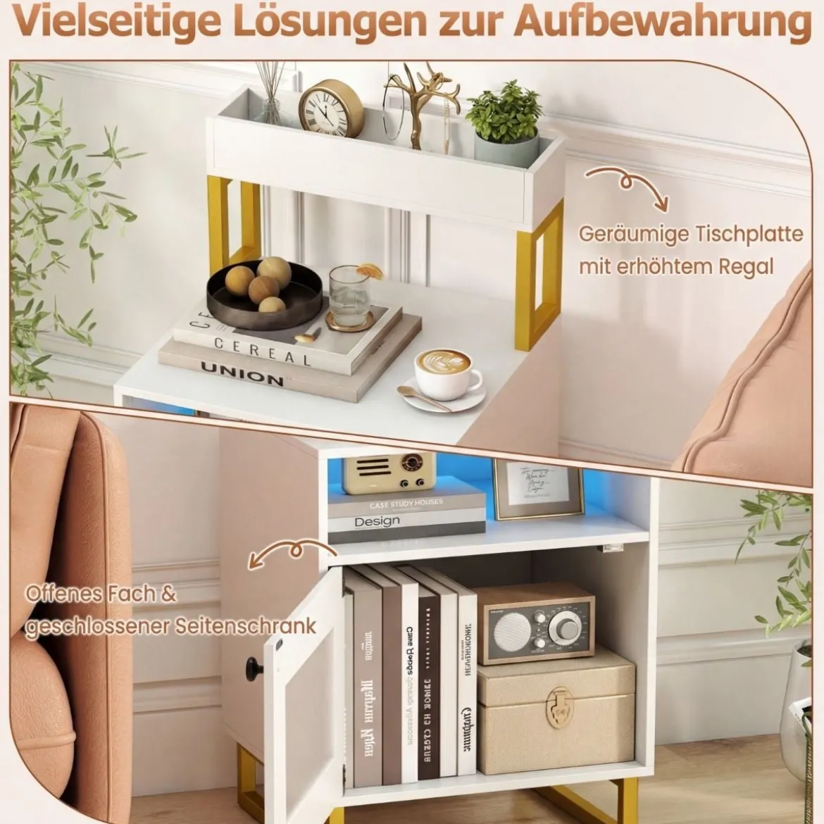 Moderner Nachttisch mit LED-Lichtern & Oberem Tablett Beistelltisch Sofatisch Nachtschrank Weiß