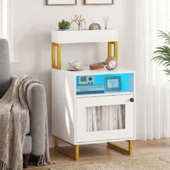 Moderner Nachttisch mit LED-Lichtern & Oberem Tablett Beistelltisch Sofatisch Nachtschrank Weiß