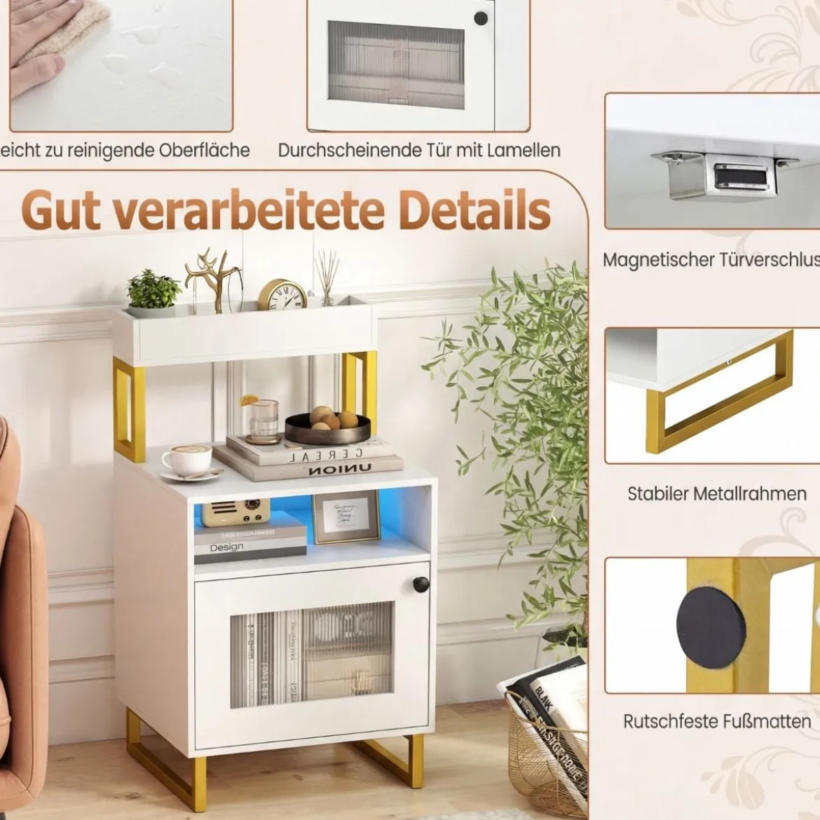 Moderner Nachttisch mit LED-Lichtern & Oberem Tablett Beistelltisch Sofatisch Nachtschrank Weiß