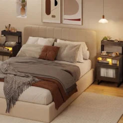 Moderner Nachttisch mit LED-Lichtern & Oberem Tablett Beistelltisch Sofatisch Nachtschrank Grau