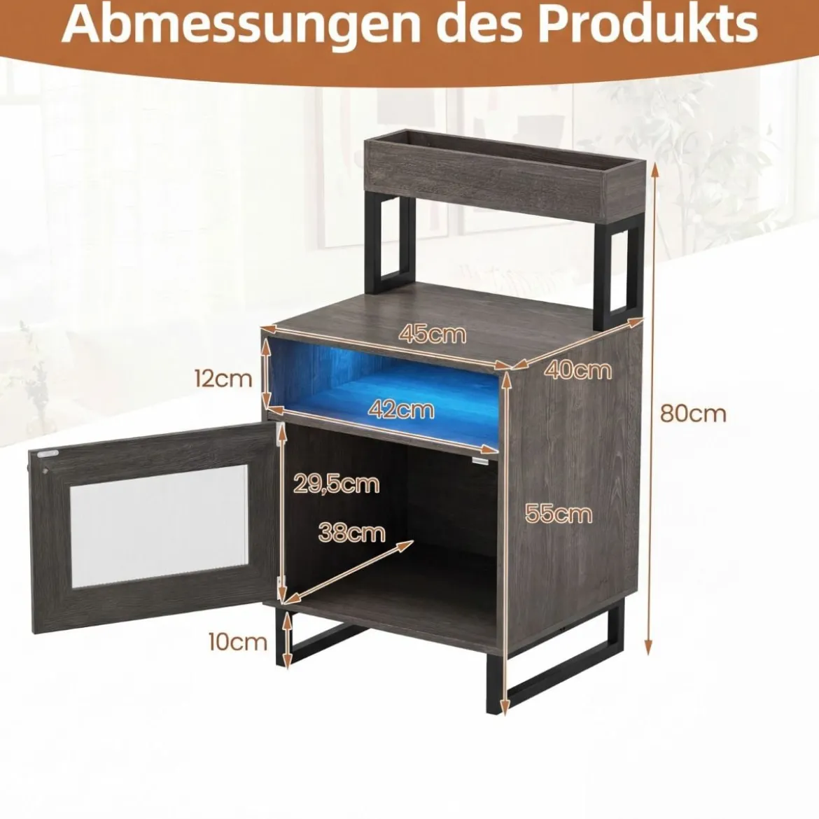 Moderner Nachttisch mit LED-Lichtern & Oberem Tablett Beistelltisch Sofatisch Nachtschrank Grau