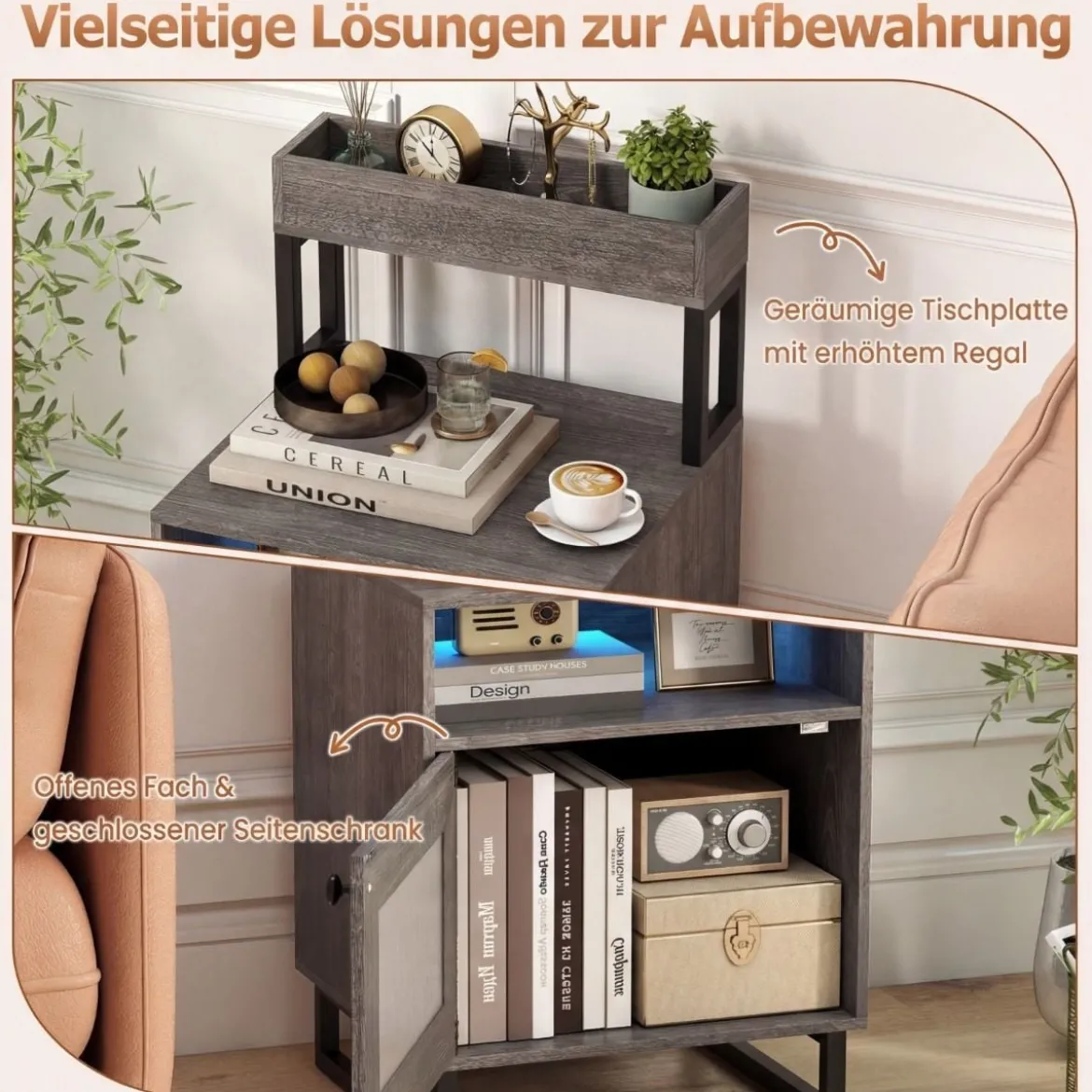 Moderner Nachttisch mit LED-Lichtern & Oberem Tablett Beistelltisch Sofatisch Nachtschrank Grau