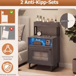 Moderner Nachttisch mit LED-Lichtern & Oberem Tablett Beistelltisch Sofatisch Nachtschrank Grau