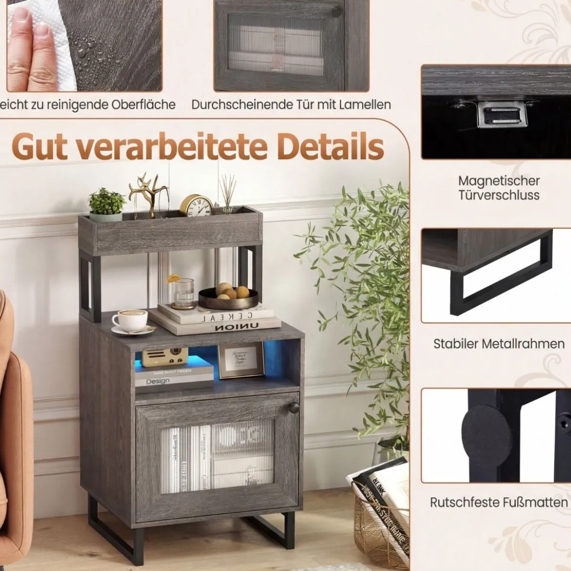 Moderner Nachttisch mit LED-Lichtern & Oberem Tablett Beistelltisch Sofatisch Nachtschrank Grau