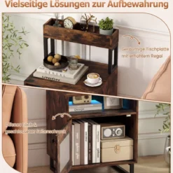 Moderner Nachttisch mit LED-Lichtern & Oberem Tablett Beistelltisch Sofatisch Nachtschrank Rustikal Braun