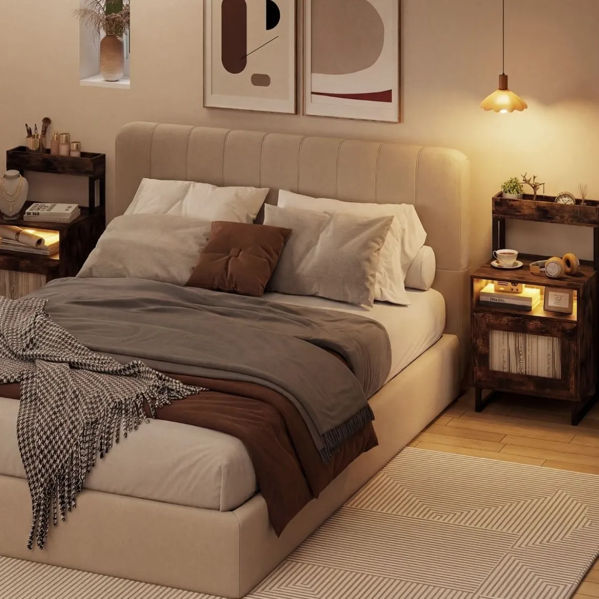 Moderner Nachttisch mit LED-Lichtern & Oberem Tablett Beistelltisch Sofatisch Nachtschrank Rustikal Braun