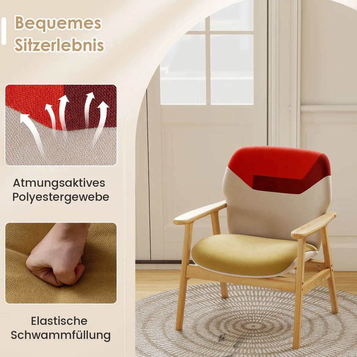 Moderner Ohrensessel mit Holzrahmen & Sitzkissen Loungesessel Polstersessel Relaxsessel Bunt