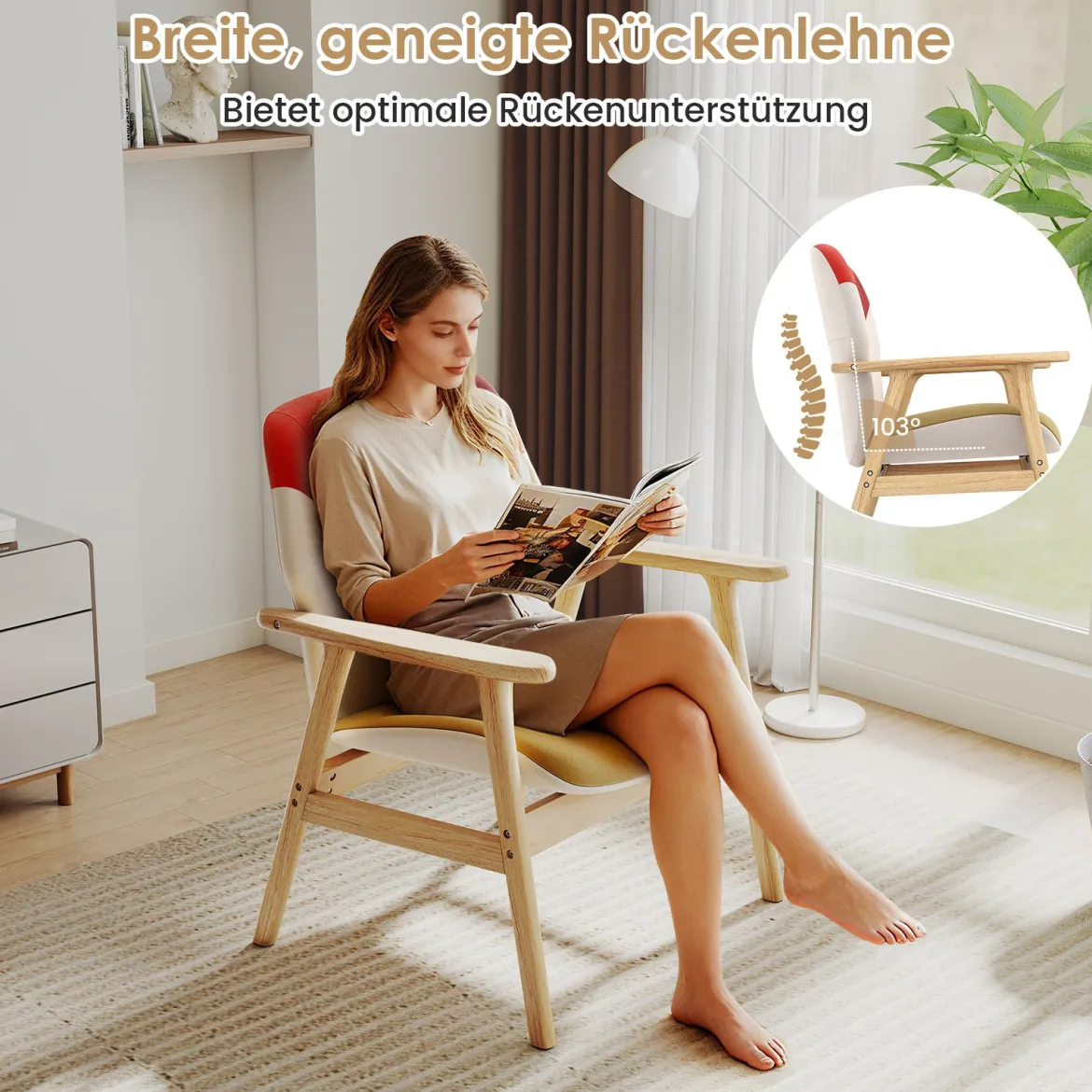 Moderner Ohrensessel mit Holzrahmen & Sitzkissen Loungesessel Polstersessel Relaxsessel Bunt