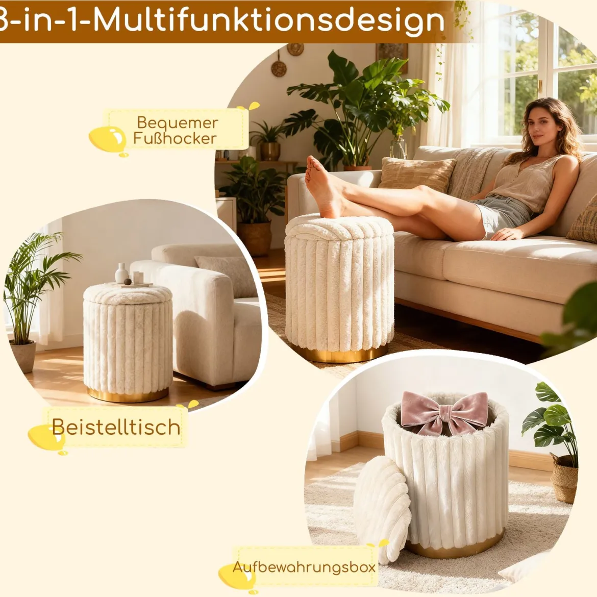 Moderner Ottoman-Set 2er 32 L + 21 L Rundhocker mit Hasenfell-Bezug abnehmbare Deckel Beige