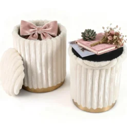 Moderner Ottoman-Set 2er 32 L + 21 L Rundhocker mit Hasenfell-Bezug abnehmbare Deckel Beige