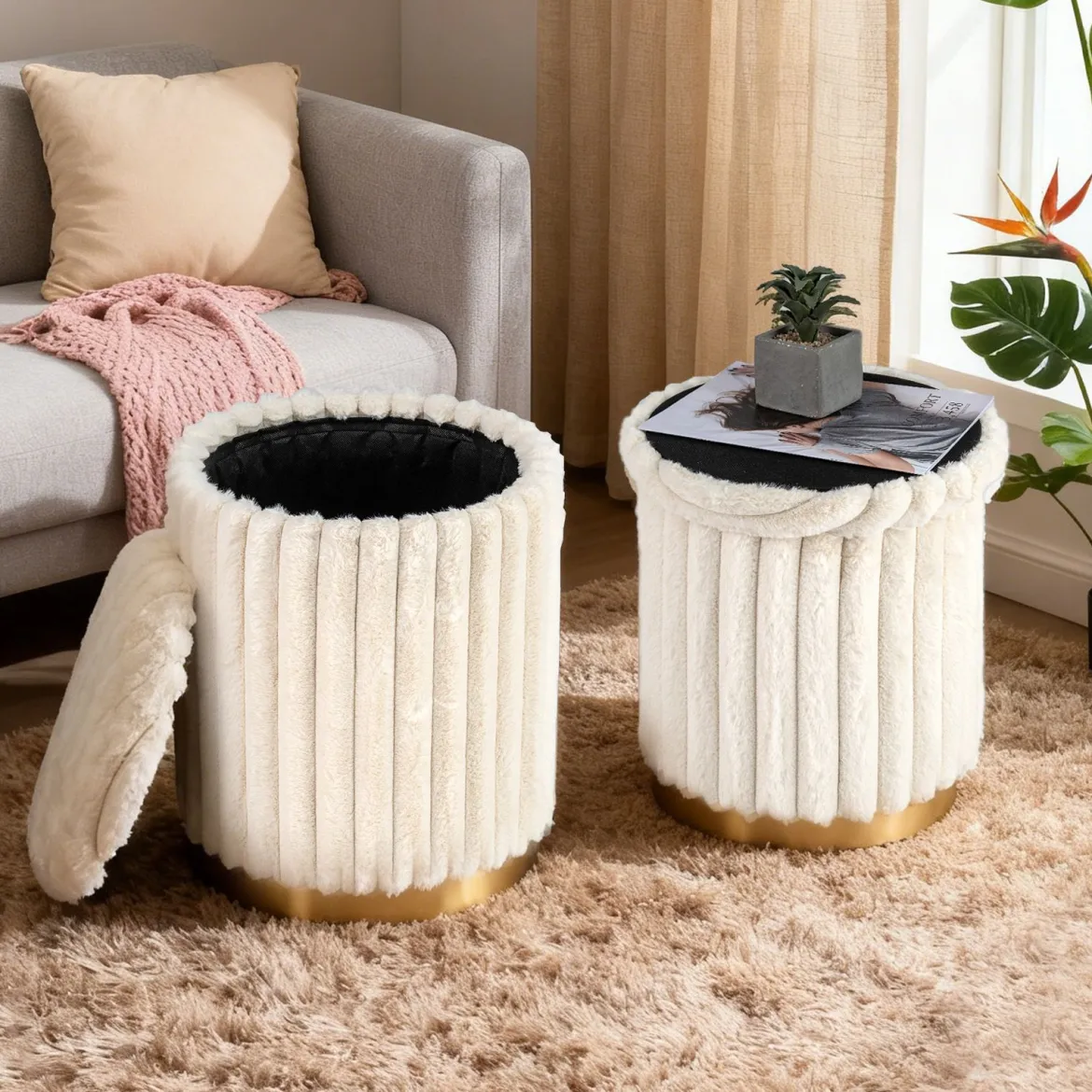 Moderner Ottoman-Set 2er 32 L + 21 L Rundhocker mit Hasenfell-Bezug abnehmbare Deckel Beige