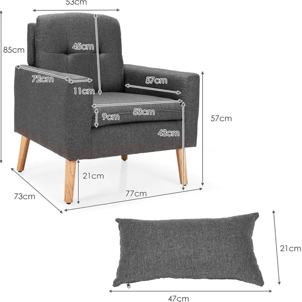Moderner Relaxsessel mit Armlehnen & Rückenkissen Gepolstertes Einzelsofa Grau 73 x 77 x 85 cm