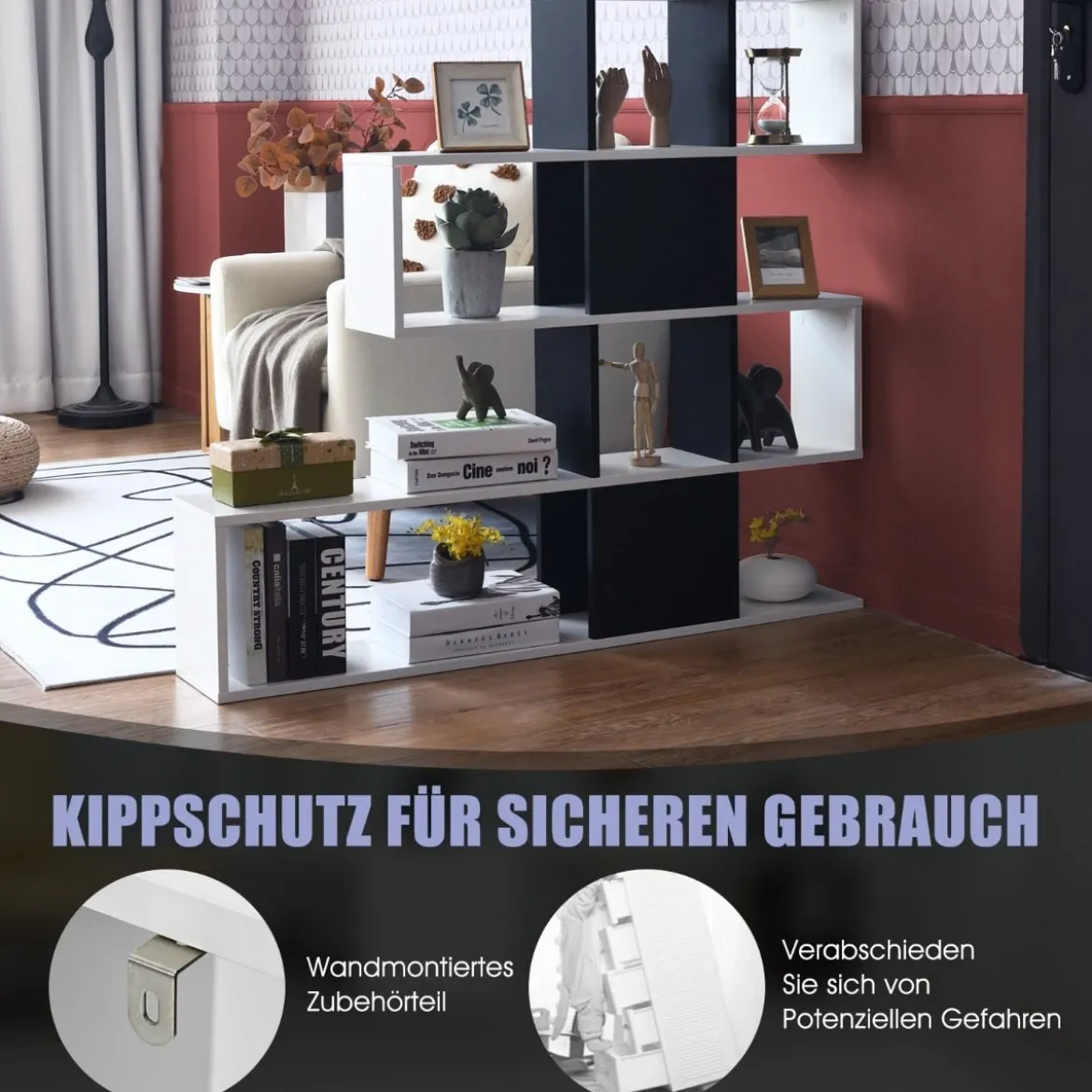 Moderner 5-stöckiger Raumteiler im Leiterstil aus Holz für Bücher 120 x 19,5 x 109 cm Schwarz & Weiß