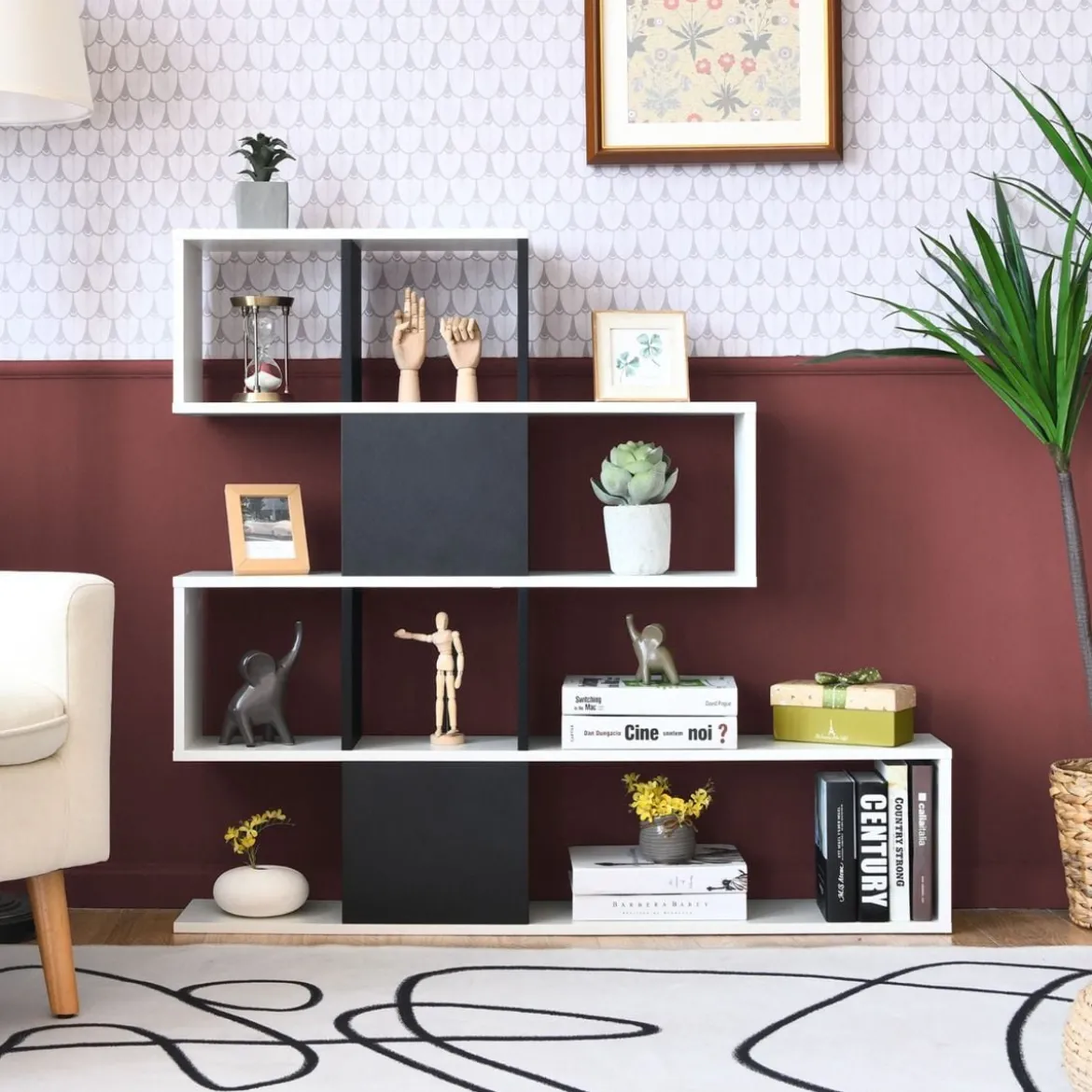 Moderner 5-stöckiger Raumteiler im Leiterstil aus Holz für Bücher 120 x 19,5 x 109 cm Schwarz & Weiß