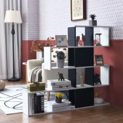 Moderner 5-stöckiger Raumteiler im Leiterstil aus Holz für Bücher 120 x 19,5 x 109 cm Schwarz & Weiß