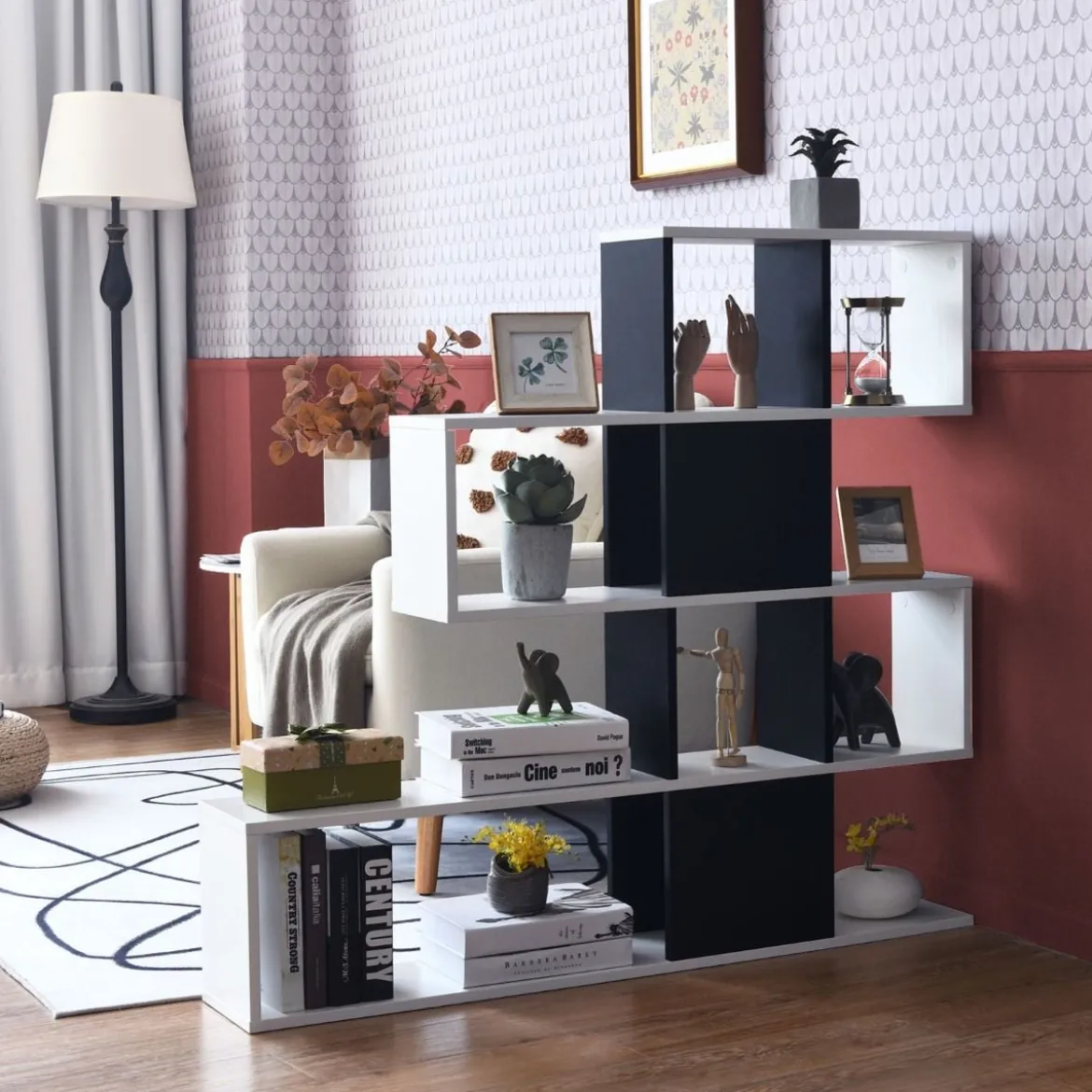 Moderner 5-stöckiger Raumteiler im Leiterstil aus Holz für Bücher 120 x 19,5 x 109 cm Schwarz & Weiß