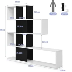 Moderner 5-stöckiger Raumteiler im Leiterstil aus Holz für Bücher 120 x 19,5 x 109 cm Schwarz & Weiß