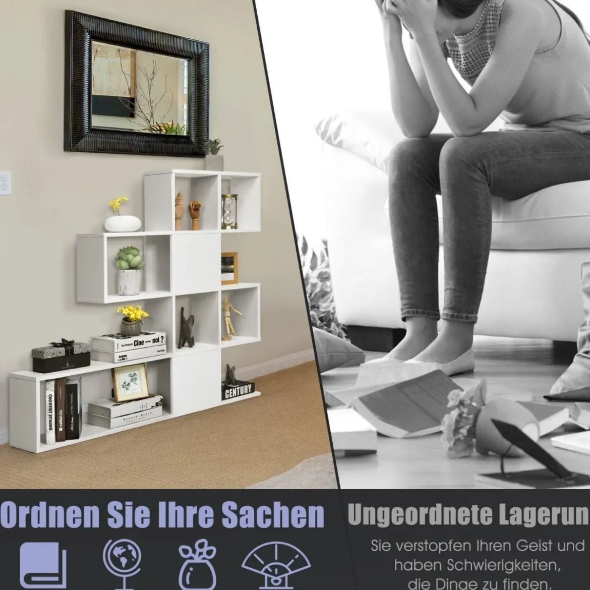 Moderner 5-stöckiger Raumteiler im Leiterstil aus Holz für Bücher 120 x 19,5 x 109 cm Weiß