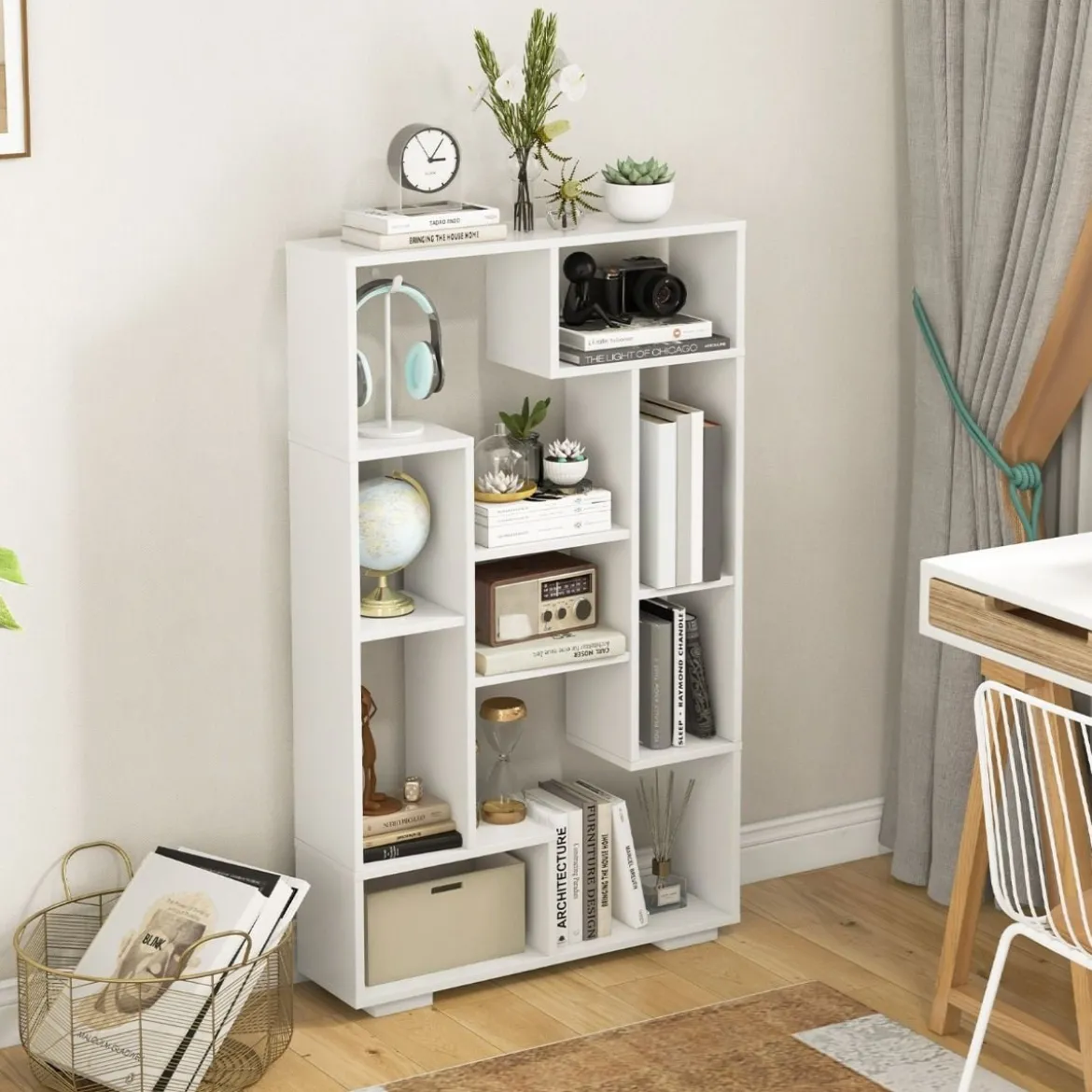 Modernes Bücherregal mit Offenen Ablagen & Kippschutz Geometrisches Mehrzweckregal Weiß