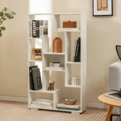 Modernes Bücherregal mit Offenen Ablagen & Kippschutz Geometrisches Mehrzweckregal Weiß