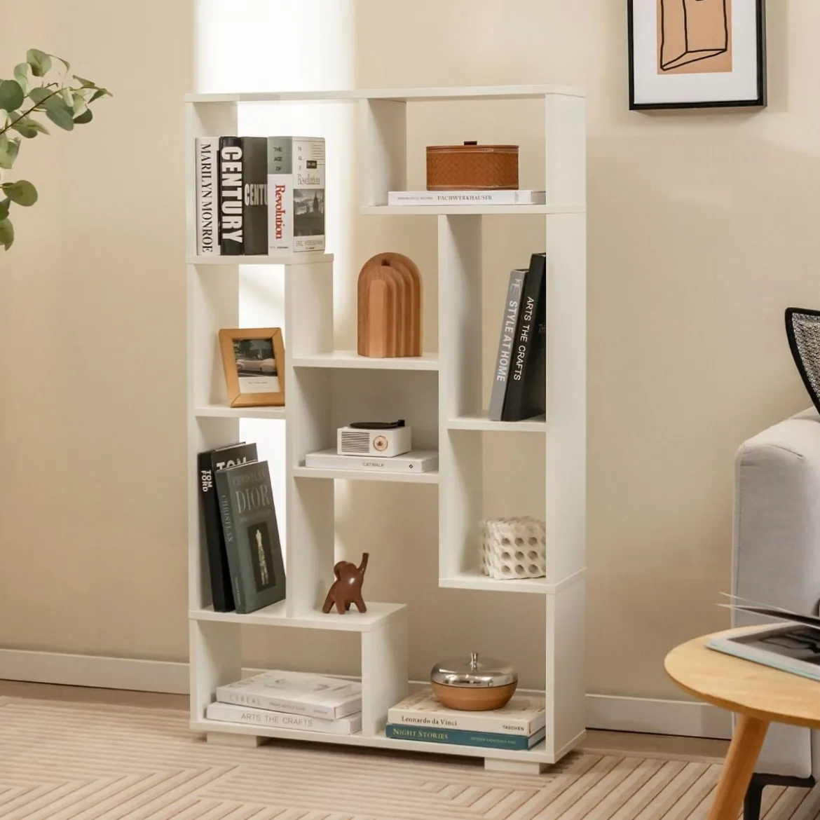 Modernes Bücherregal mit Offenen Ablagen & Kippschutz Geometrisches Mehrzweckregal Weiß