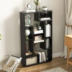 Modernes Bücherregal mit Offenen Ablagen & Kippschutz Geometrisches Mehrzweckregal Schwarz