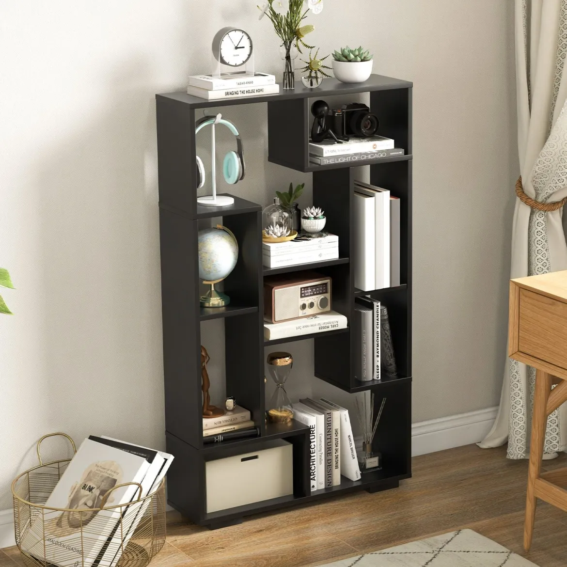 Modernes Bücherregal mit Offenen Ablagen & Kippschutz Geometrisches Mehrzweckregal Schwarz