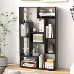 Modernes Bücherregal mit Offenen Ablagen & Kippschutz Geometrisches Mehrzweckregal Schwarz
