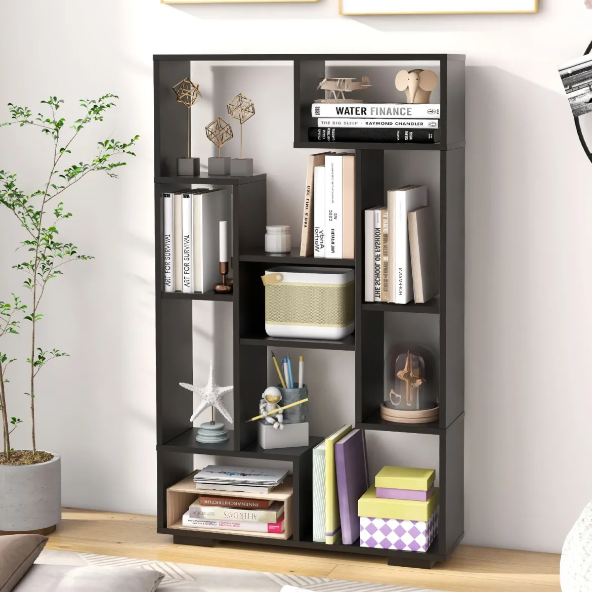 Modernes Bücherregal mit Offenen Ablagen & Kippschutz Geometrisches Mehrzweckregal Schwarz