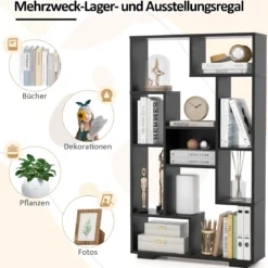 Modernes Bücherregal mit Offenen Ablagen & Kippschutz Geometrisches Mehrzweckregal Schwarz