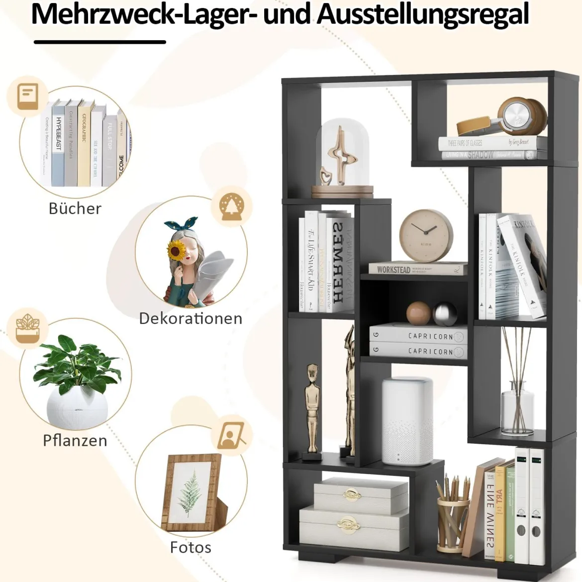 Modernes Bücherregal mit Offenen Ablagen & Kippschutz Geometrisches Mehrzweckregal Schwarz