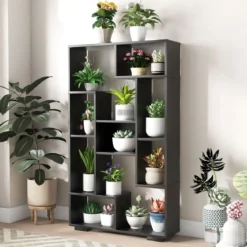Modernes Bücherregal mit Offenen Ablagen & Kippschutz Geometrisches Mehrzweckregal Schwarz