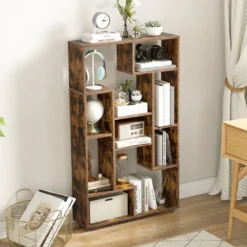 Modernes Bücherregal mit Offenen Ablagen & Kippschutz Geometrisches Mehrzweckregal Braun