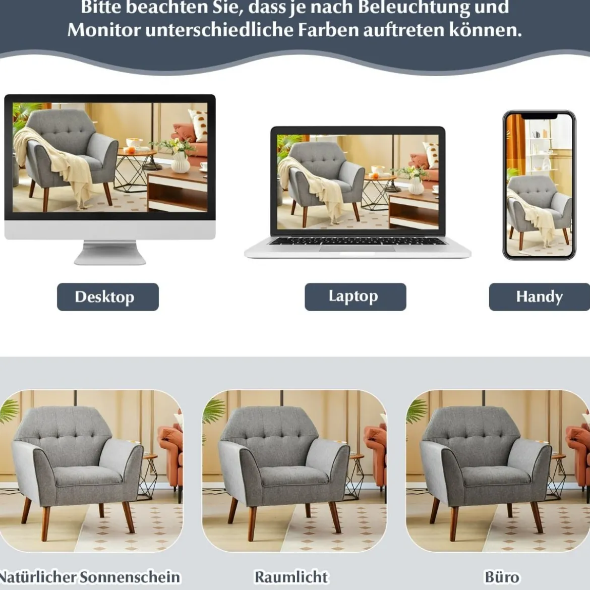 Modernes Einzelsofa Polstersessel mit Gummiholzbeinen Loungesessel mit Rückenlehne 76 x 74 x 84 cm Grau