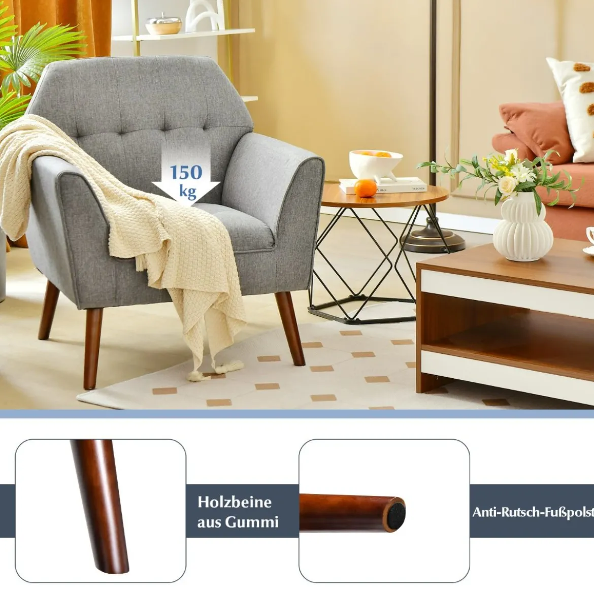 Modernes Einzelsofa Polstersessel mit Gummiholzbeinen Loungesessel mit Rückenlehne 76 x 74 x 84 cm Grau