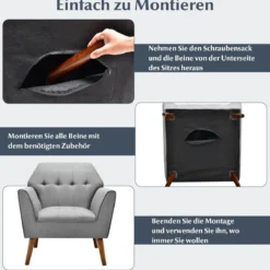 Modernes Einzelsofa Polstersessel mit Gummiholzbeinen Loungesessel mit Rückenlehne 76 x 74 x 84 cm Grau