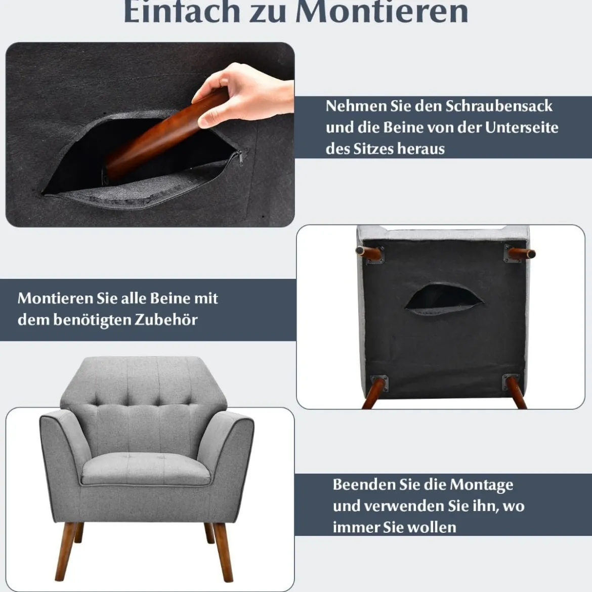 Modernes Einzelsofa Polstersessel mit Gummiholzbeinen Loungesessel mit Rückenlehne 76 x 74 x 84 cm Grau