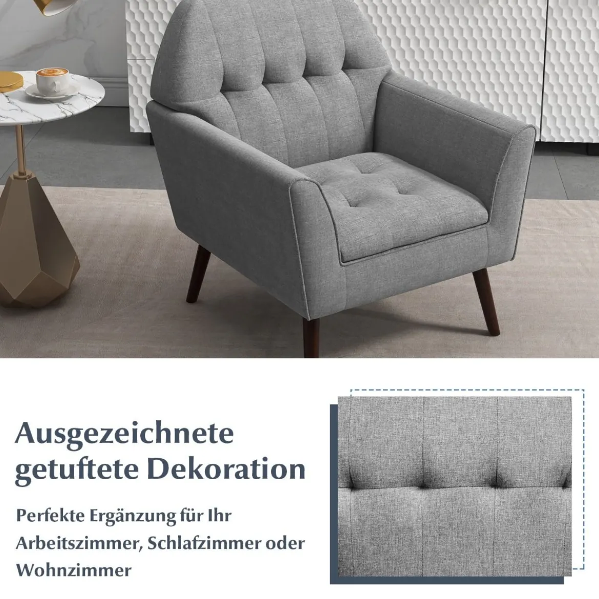 Modernes Einzelsofa Polstersessel mit Gummiholzbeinen Loungesessel mit Rückenlehne 76 x 74 x 84 cm Grau