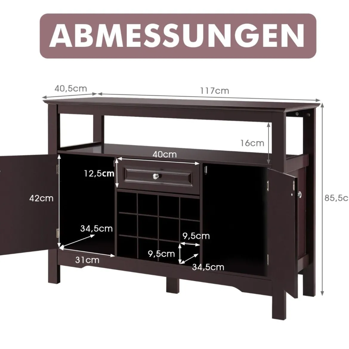 Modernes Esszimmerbuffet mit Kreuzförmigem Weinregal Offenem Regal 2 Schränken & Schublade Braun